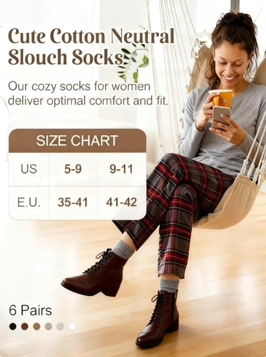 YSense Women's Cotton Crew Socks 6 Pairs, Long Cute Aesthetic Neutral Athletic Boot Socks for Women Stocking Stuffers Gifts