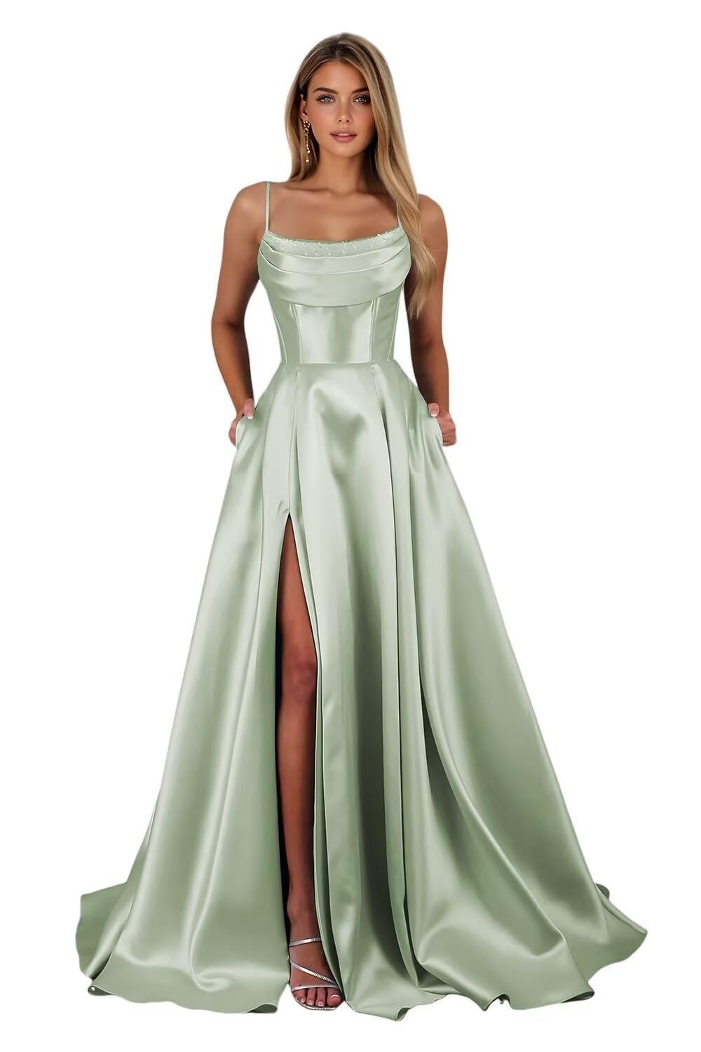 Spaghetti Straps Satin Prom Dresses with Slit Long A Line Formal Evening Party Gowns with Pockets