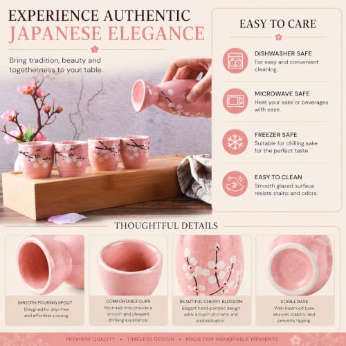 Image of Japanese Ceramic Sake Set - 5 Piece Pink Floral Blossom Sake Set with 1 Sake Bottle (Tokkuri) & 4 Sake Cups | Traditional Japanese Wine Set for Drinks, Shochu & Home Bar | House Warming | Gift Set