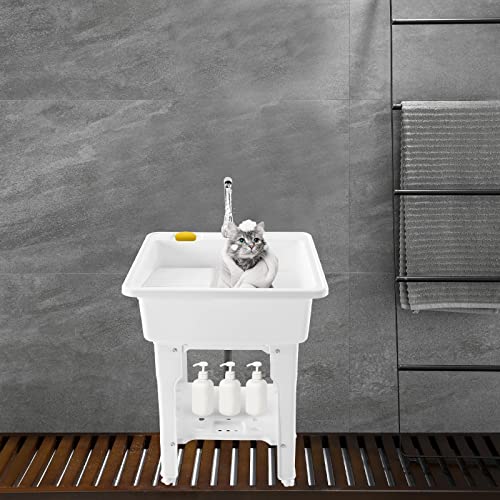 Lemoeyes Freestanding Laundry Sink, Plastic Utility Sink With Washboard Laundry Tub Cold And Hot Water Faucet Hoses Drain Kit Wash Station For Laundry Room Garage Basement Garden (25.59"×21.65"×31.5") #TOP2