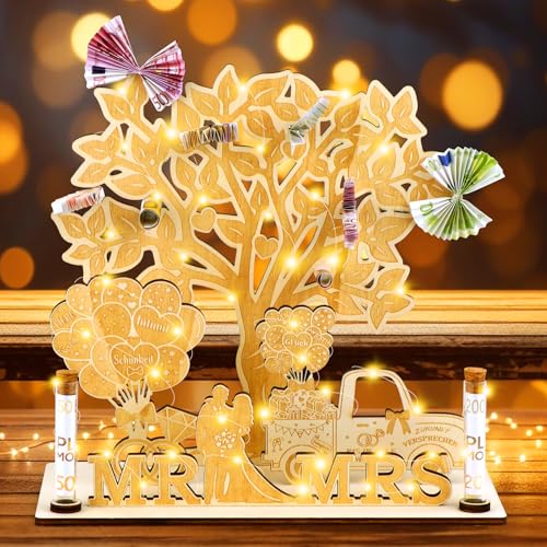 FTUREERA Hochzeit Geldgeschenk, Hochzeitsgeschenke für Brautpaar Geldbaum Hochzeit aus Holz Mr & Mrs, Hochzeitsgeschenk Geld mit LED Lichterkette,...