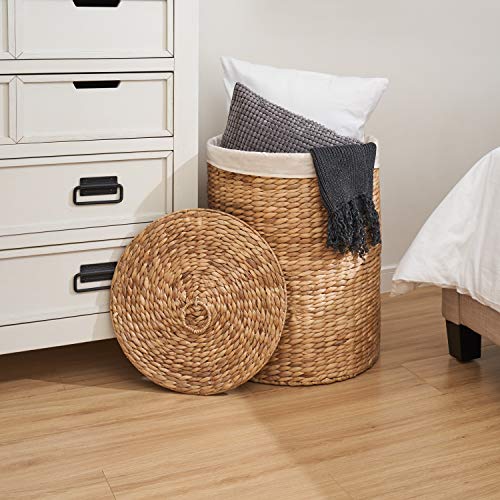 Image of Round Handwoven Laundry Basket with Lid, 15 x 15 x 20 in - Water Hyacinth Wicker Hamper for Bedroom, Nursery & Laundry Room