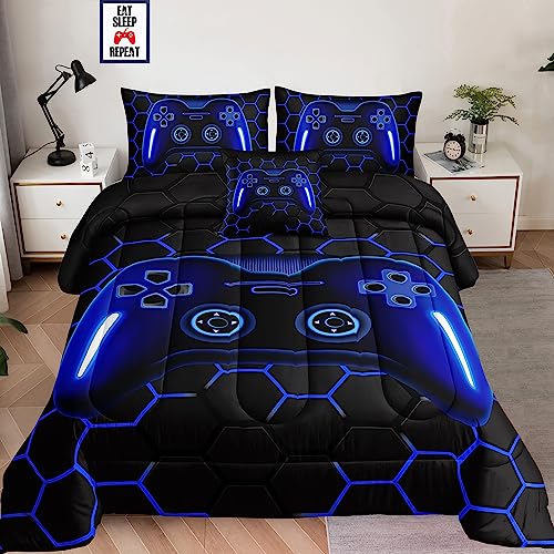 5 Pieces Bed in a Bag for Boys Bedding Sets Twin Size Gamer Comforter Sets for Boys Kids Gaming Comforter Set for Room Decor with Flat Sheet Fitted Sheet Pillowcase Cushion Cover