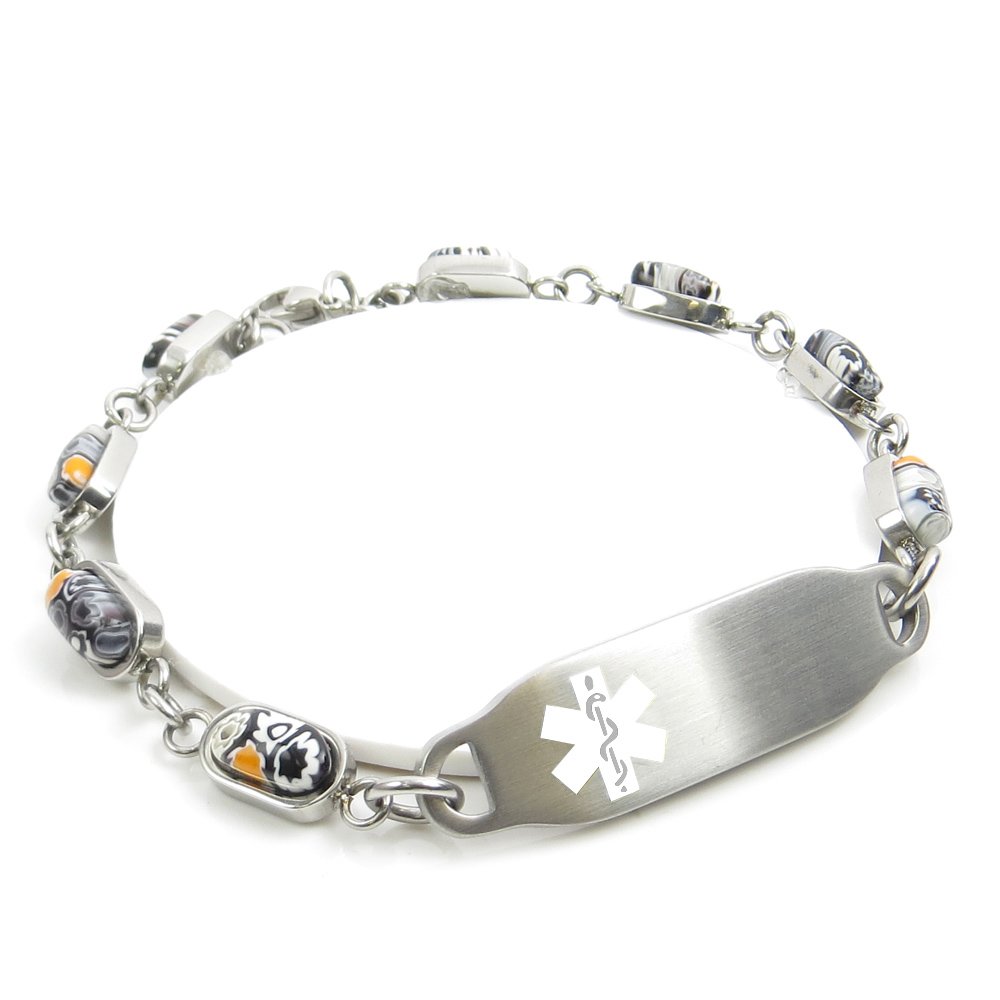 Pre-Engraved & Customized Celiac Disease Medical Bracelet, Black/White Millefiori Glass Pattern, White