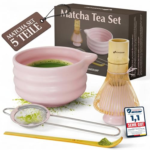 Matcha Set Rosa 5-teilig [TESTSIEGER] Schale mit Ausgießer und extra robustem Matchabesen Macha Tea Set für Starter aus Keramik Matcha Besen Bambus Löffel Chasen Whisk Matcha Bowl Matchaset