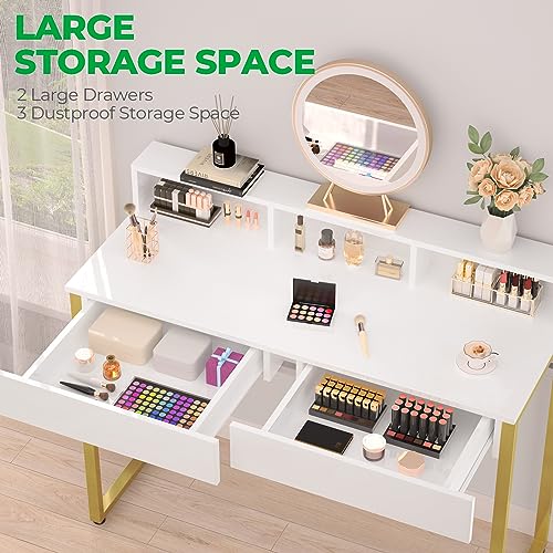 Image of GreenForest Vanity Desk with 2 Drawers, White Makeup Desk with 3 Storage Spaces, 40 inch Small Desk with Gold Metal Legs, Modern Home Office Desk for Kids, Bedroom (No Mirror)