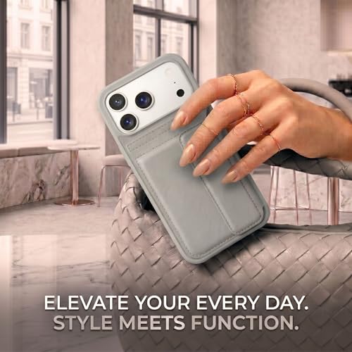 Image of amazon basics Luxury Vegan Leather Back Cover for iPhone 17 Pro Max | Built-in Card Holder Slot | Integrated Mobile Stand | Slim Shockproof Protective Case with Stitched Finish - Gray