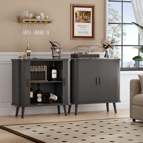 Image of BORNOON Buffet Cabinet with Storage, Curved-Edge Fluted Storage Cabinet Sideboard, Modern Black Sideboard Buffet with Adjustable Shelves & Sliding Door for Dining Room, Kitchen, Entryway