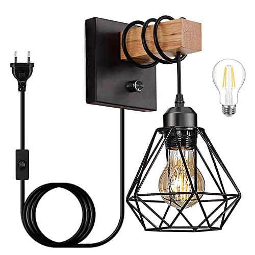 Wandleuchte Innen Dimmbar Vintage Wandlampe E27 Aus Metall Und Holz Industrial Retro Lampe Mit Schalter Kabel Und Stecker Für Treppenhaus Schlafzimmer Restaurant Wohnzimmer Hotel (Mit Glühbirne) Cover