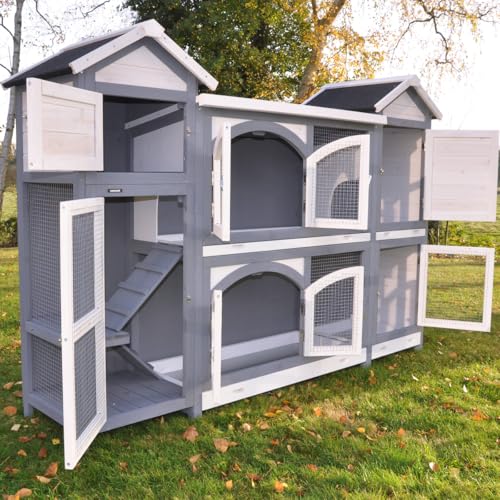 nanook Kaninchenstall, Hasenstall Castle XXL mit seitlichen Aufgängen für mehr Platz - wetterfest - Staufach - extragroß 181 x 43 x 127 cm grau/Weiss