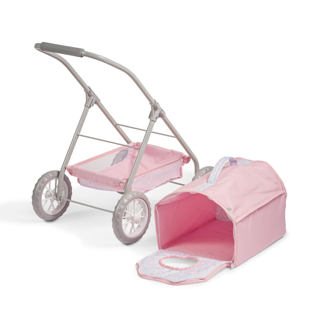 JC Toys Wózek spacerowy dla zwierząt domowych, z koszem, zdejmowanym nosidełkiem dla lalek i pluszaków do 51 cm, idealny do zabawy i spacerów, różowy, kolekcja kwiatowa, zaprojektowany przez