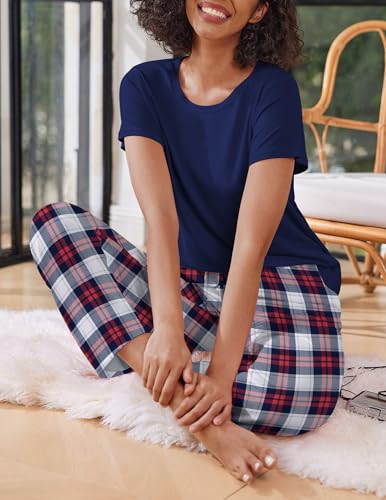 Image of Ekouaer 2 Pack Pajamas for Women Set Short Sleeve Sleepwear Top and Pants Pjs Soft Printed Lounge Sets with Pockets