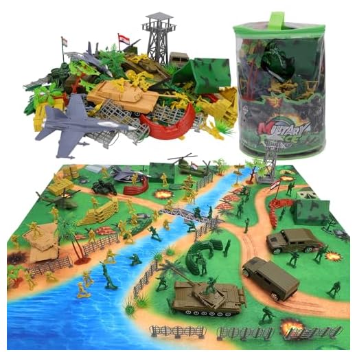 deAO 150 Pièces Ensemble de Jeu Militaire avec 96 pcs Soldats Miniatures, Chars, Hélicoptères, Camions, Avions de Chasse, Militaire Homme Armé Jouer, Accessoires de Combat avec Seau