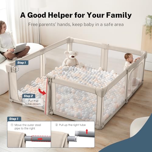 Image of Baby Playpen Portable, Pre-Assembled Play Pen 59x59 Large Foldable Playpen for Babies and Toddlers, Sturdy and Safe Toddler Play Yard Indoor Outdoor with Carry Bag,Khaki