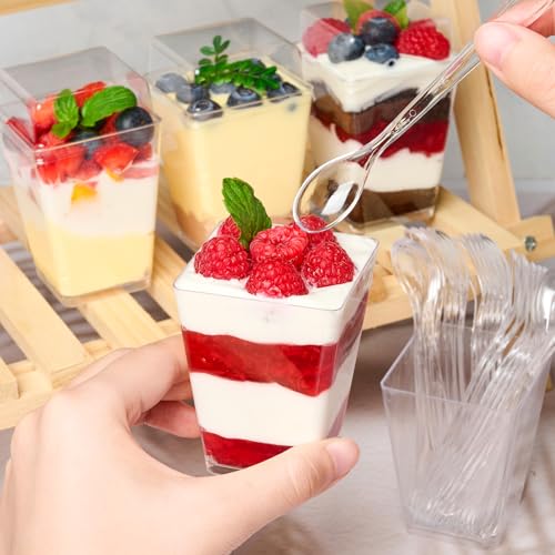 TOFLEN 50 Pack 5 oz Plastic Dessert Cups with High Lids for Party, Mini Dessert Cups with Spoons Dessert Shooter Cups for Yogurt Parfait, Appetizer, Pudding, Fruit and Ice Cream