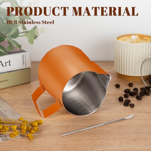 Image of Amrules Milk Frothing Pitcher 12oz Frother Cup Barista Tools, Orange