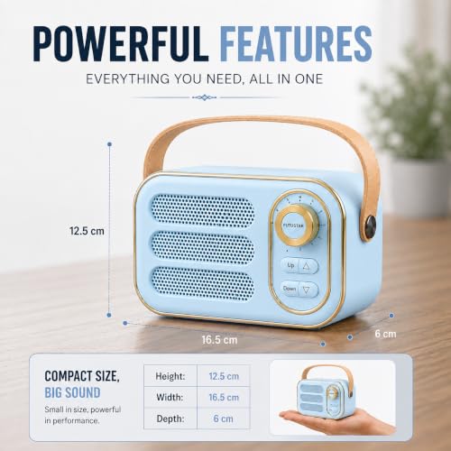 Image of Fire turtle Vintage Bluetooth Wireless Speaker | 10W RMS Loud Sound | Retro Design with Type-C Charging, 8H Battery Backup, USB & AUX Input, Portable Home & Outdoor Speaker (SkyBlue)