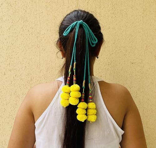 Image of Zippy Flora Handmade Boho Parandi /Paranda /Traditional Hair Accessory Braid Tassles /Hair Extension /Choti (Genda Parandi (Green))