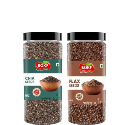 Image of BOKF Chia Seeds + Flax Seeds Combo Pack | Natural & Raw Superfoods | Rich in Omega-3, Fiber & Protein | Weight Management & Healthy Diet Seeds (250g+250g)