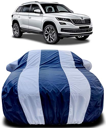Image of PURPLEHEART Car Body Cover Compatible with Skoda Kodiaq Car Cover Body with Mirror Pocket Triple Stitched Bottom Elastic Water Resistant UV Protection & Dustproof Car Cover-Blue & White
