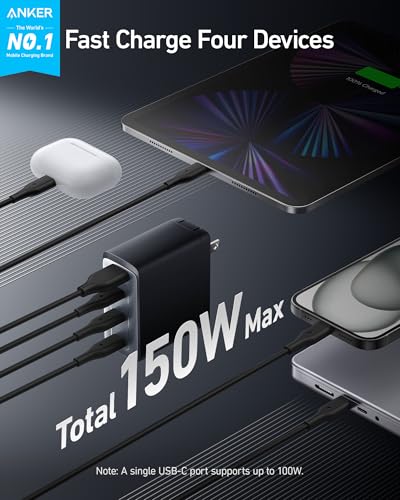 Anker 150W Max USB C Charger Block, 4-Port Compact Foldable GaN Charger for MacBook, iPhone 17/16 and More Series, Dell and More