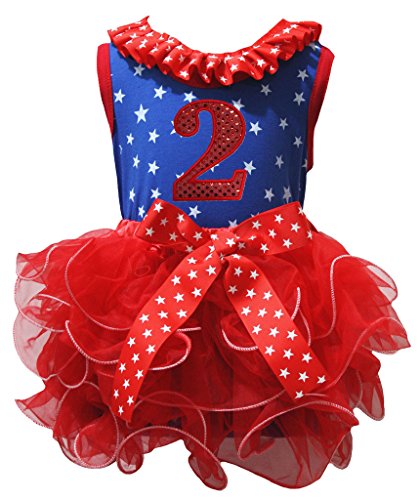 Conjunto de camisa azul con estrellas y falda pétalo roja para niñas de hasta 8 años
