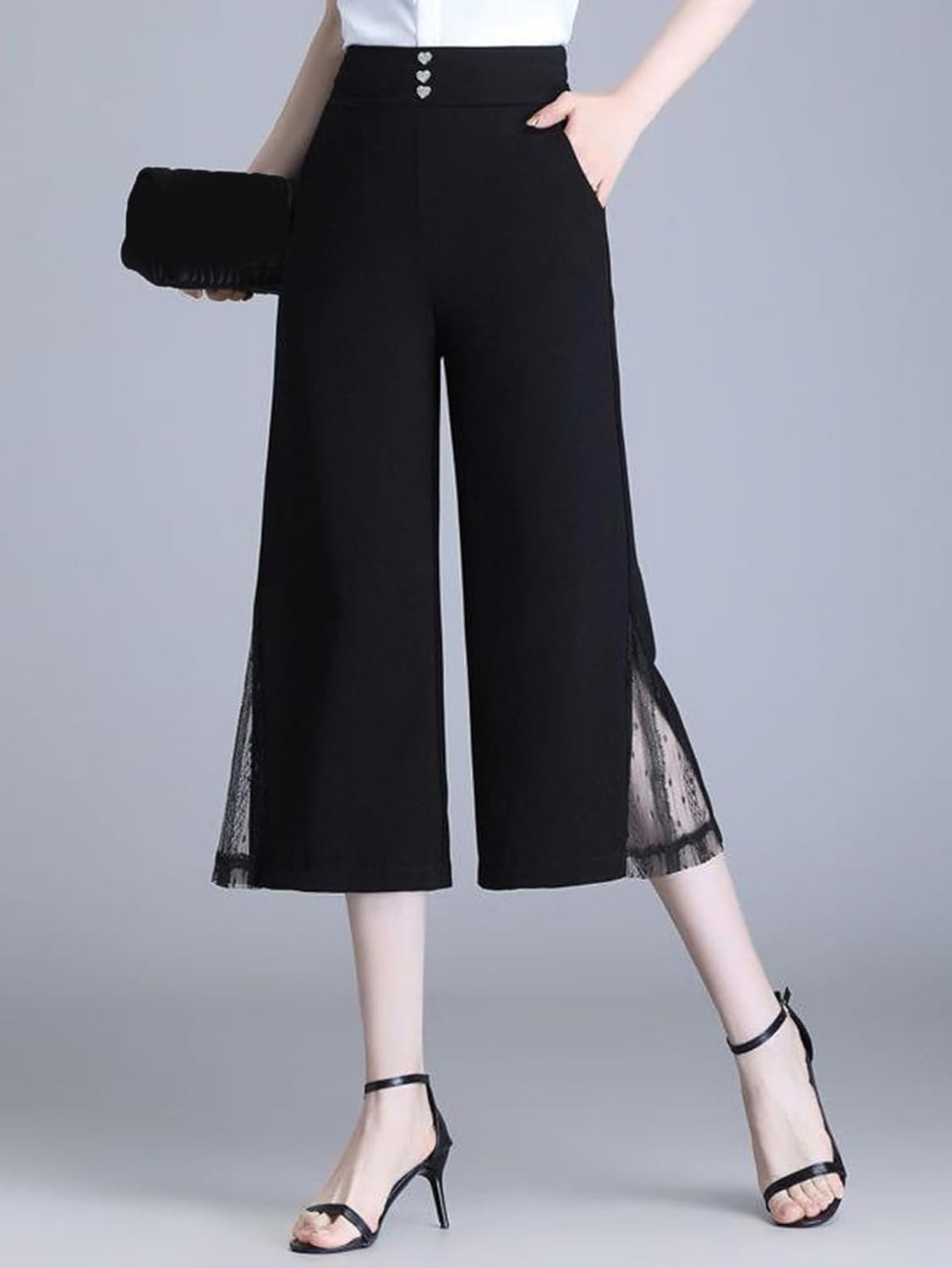 [FDGFJ] ワイドパンツ サイドスリット レース ガウチョ ワイドパンツ レディース ウエストゴム 可愛い スカートパンツ キュ