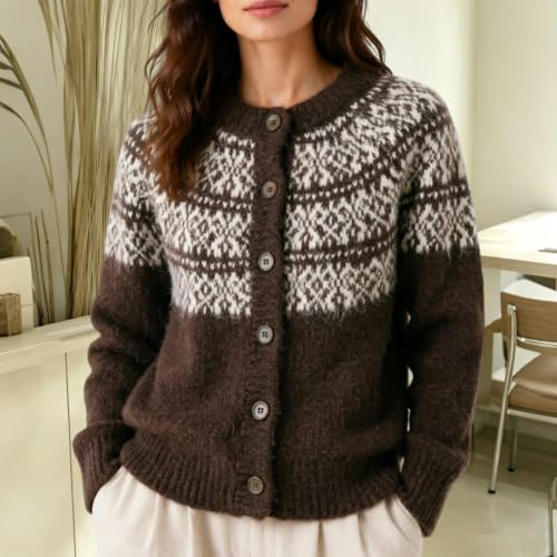 Fair Isle Sweater Women Crew Neck Knit Cardigan Vintage Button Down Coat - image 2