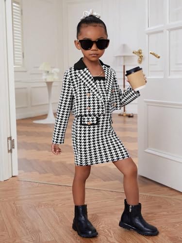 Image of WDIRARA Girl's 2 Piece Outfits Houndstooth Print Double Button Long Sleeve Jacket and Cami Dress Set