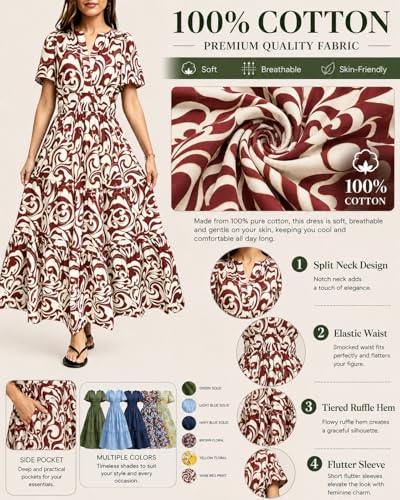 Ann Darling Women Summer Casual Cotton Flowy Tiered Maxi Dress with Smocked Waist and Pockets DRL18 XLarge — view 4