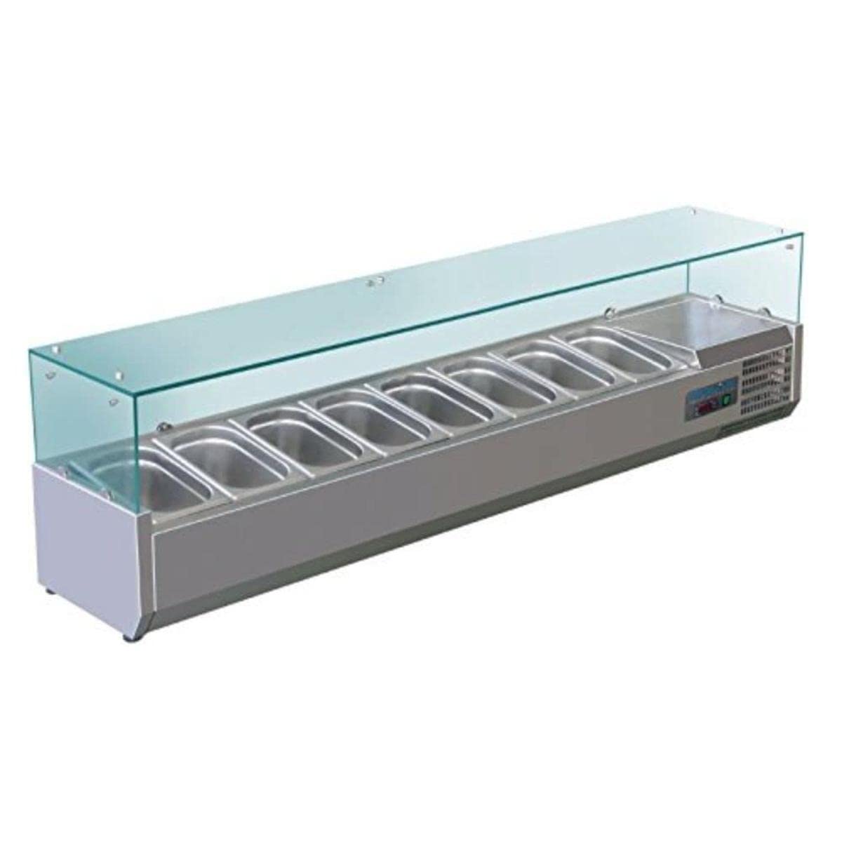 Polar Refrigeration G-Series 150W Countertop Food Prep Fridge with Built-In Glass Surround, Stainless Steel, 2°C to 8°C, 435(H)x1800(W)x330(D)mm, Capacity: 8x 1/4 GN Pans (Sold Separately) | G610