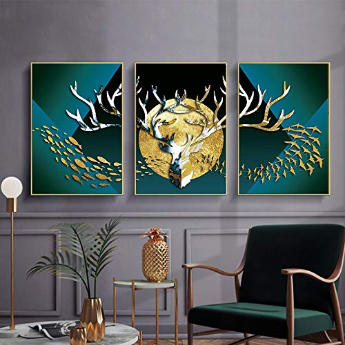 Peinture élan vert doré triptyque haut de gamme abstrait grand format - 3