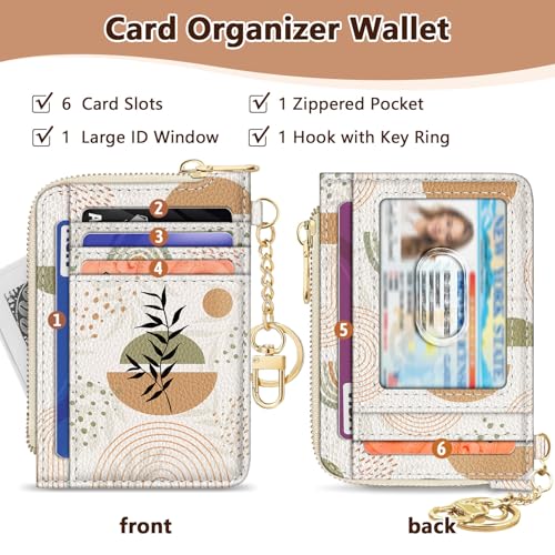 Image of GIANCOMICS Slim Wallet Credit Card Holder Women, Abstract Leaf Rfid Blocking Small Card Case, Keychain Thin Pocket Curved Zipper Wallet, Travel Card Holder PU Leather ID Window, Ladies Female Gifts
