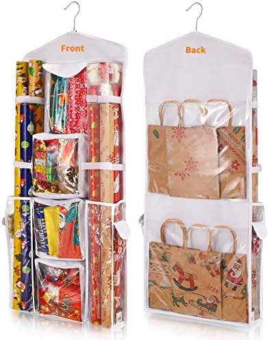Freeote Hanging Gift Wrap Storage Organizer, 40x16 Inch Wrapping Paper Storage Hanging Gift Bag Organizer Station with Multiple Pockets, White
