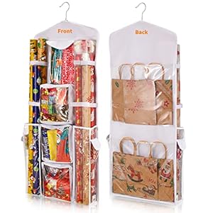 Freeote Hanging Gift Wrap Storage Organizer, 40×16 Inch Wrapping Paper Storage Hanging Gift Bag Organizer Station with Multiple Pockets, White