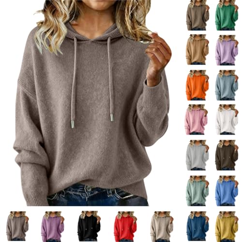 Image of Brown Hoodie Womens Hoodie Jumpers for Women UK Long Sleeve Drawstring Hooded Wool Knitted Cashmere Sweaters Lightweight Oversized Sweatshirts Fall Winter Thermal Fleece Tops Trendy Y2k Clothes