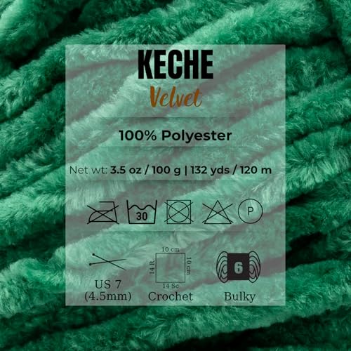 Image of Keche Velvet Yarn for Crocheting, Soft Chenille Bulky Baby Blanket Amigurumi Yarn 100 gr (132 yds) 3 Skeins - Benetton Green