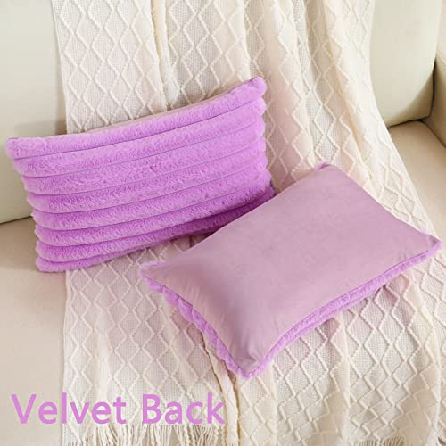 FUTEI Purple Striped Decorative Throw Pillow Covers 12x20 Inch Set of 2,Rectangle Winter Decorations Couch Lumbar Pillowcase,Soft Cozy Faux Rabbit Fur & Velvet Back,Modern Home Decor for Bed