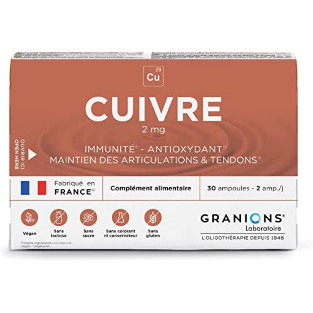 Rame 2 mg | Sistema Immunitario | Antiossidante | Articolazioni e Tendini | Integratore Alimentare | 200% dell'apporto Raccomandato | 30 Fiale | Integratore Alimentare | Laboratoire des Granions