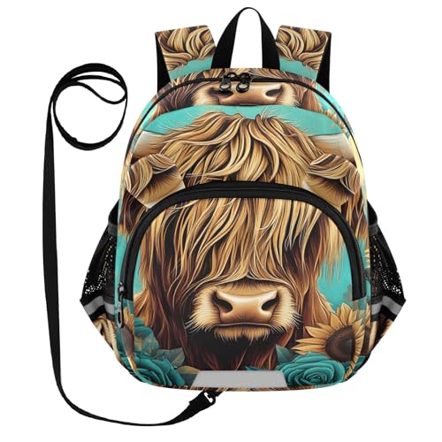 Kid's Backpack for Boys & Girls Toddler Bag Highland Cow Butterfly Rose Backpack with Safety Leash