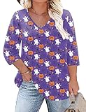 TFSDOD Plus Size Fall Fashion Halloween Shirts for Women V Neck T Shirts Women 3/4 Length Sleeve Blouses Halloween Dark Purple XL