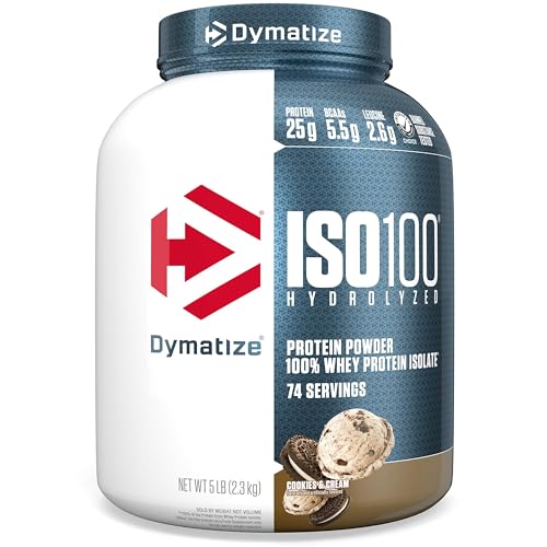 Dymatize ISO100 Whey Protein Powder Isolate, Cookies & Cream, 25g of Protein, 5 Pound, 5.5g BCAAs, Less Than 120 Cal., Gluten Free, 1g Fat, 1g Sugar, 2g Carb (74 Servings)