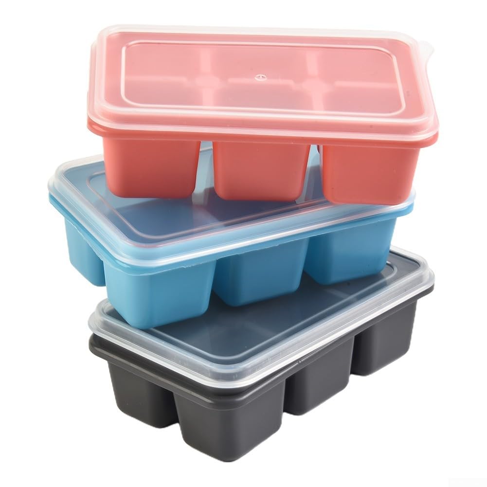 HEIBTENY Silicone Ice Cube Tray Set of 3 with Lids - Easy Release Large Moulds for Freezer - BPA Free Flexible Trays for Whiskey Cocktails - 6 Grid Square Design Pink Blue Gray