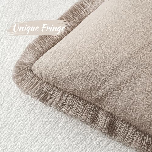 Image of MIULEE Decorative Throw Pillow Covers Neutral Linen Fringe Throw Pillows Set of 2 Natural Linen Boho Farmhouse Cushion Covers with Tassels for Couch Sofa Bed Spring Home Decor 18x18 Inch