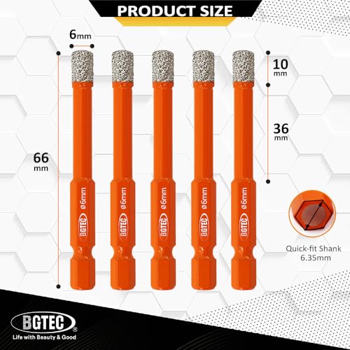BGTEC Dry Diamond Drill Bits 5pcs 6mm with Quick Change Hex Shank for Granite Marble Porcelain Tile Ceramic 2 BGTEC Dry Diamond Drill Bits 5pcs 6mm with Quick Change Hex Shank for Granite Marble Porcelain Tile Ceramic - Image 2