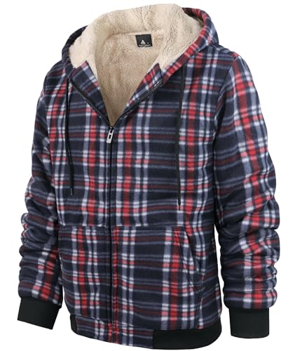 Image of Mens Plaid Hoodies Winter Zip Up Fleece Jacket Sherpa Fleece Lined Warm Flannel Jacket Coat