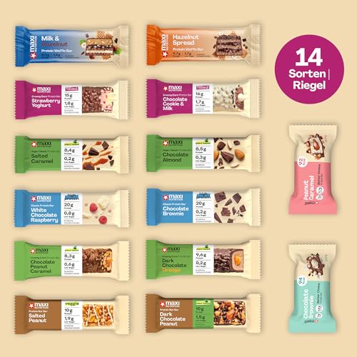 MaxiNutrition Proteinriegel Mix Box (Must Haves), 14 High Protein Riegel, 29% Eiweißgehalt im Durchschnitt, ohne Zuckerszusatz, ohne künstliche Aromen