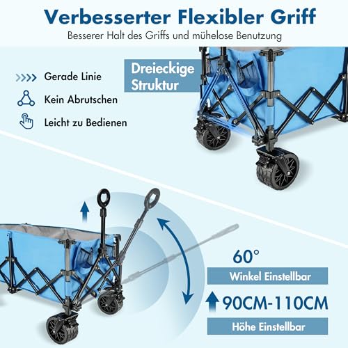 VILLEY Bollerwagen Faltbar 220L 150KG, 10x18cm Extra Breite Reifen, All Terrain XXL Handwagen klappbar mit Bremsen, Transportwagen Einkaufstrolley für Camping Strand Einkaufen, Blau – Bild 5