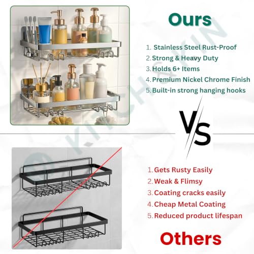 Image of KITCH & KIN 2-Piece Stainless Steel Bathroom & Washroom Organizer Shelf - Dual Mount Wall Storage Rack with Self Adhesive or Drill Option, Space-Saving Kitchen Organiser