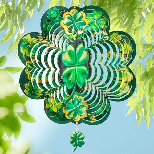 Image of St. Patrick's Day Wind Spinner, St Patricks Day Decorations Gifts for Women, 3D Shamrock Hanging Wind Spinners for Outdoor & Indoor Decor, 12 Inch Metal Wind Spinner for Garden Yard Home Ornament